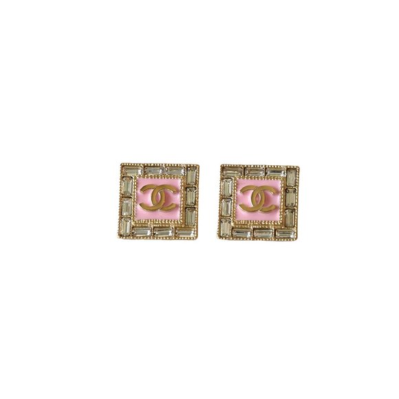 Chanel Crystal and Resin CC Square Stud Earrings Pink Gold - Picture 1 of 1
